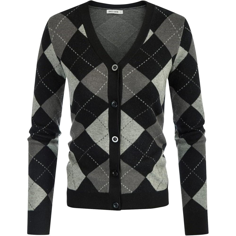 imageGRACE KARIN Womens Cardigan Sweater Fall Long Sleeve Argyle Sweater V Neck Button Up Cardigan Color Block Preppy ClothesPlaid Gray Black
