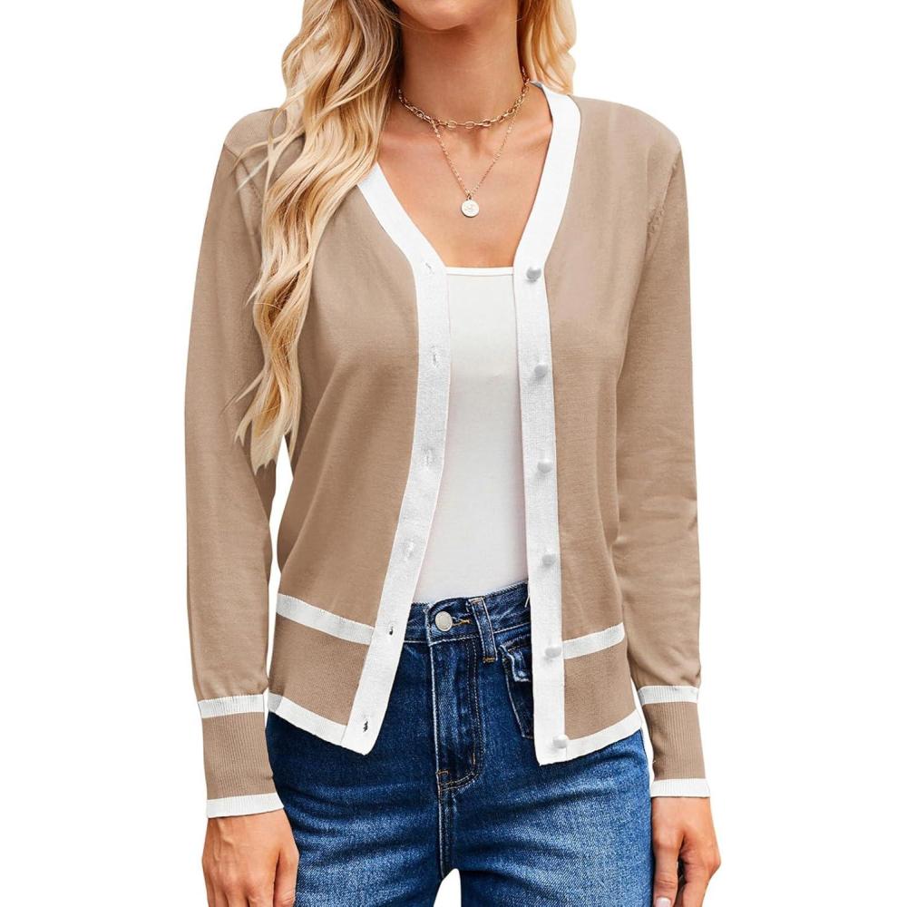 imageGRACE KARIN Womens Cardigan Sweaters Lightweight Long Sleeve Cropped Cardigan VNeck Striped Shrugs Fall ClothesBeige White