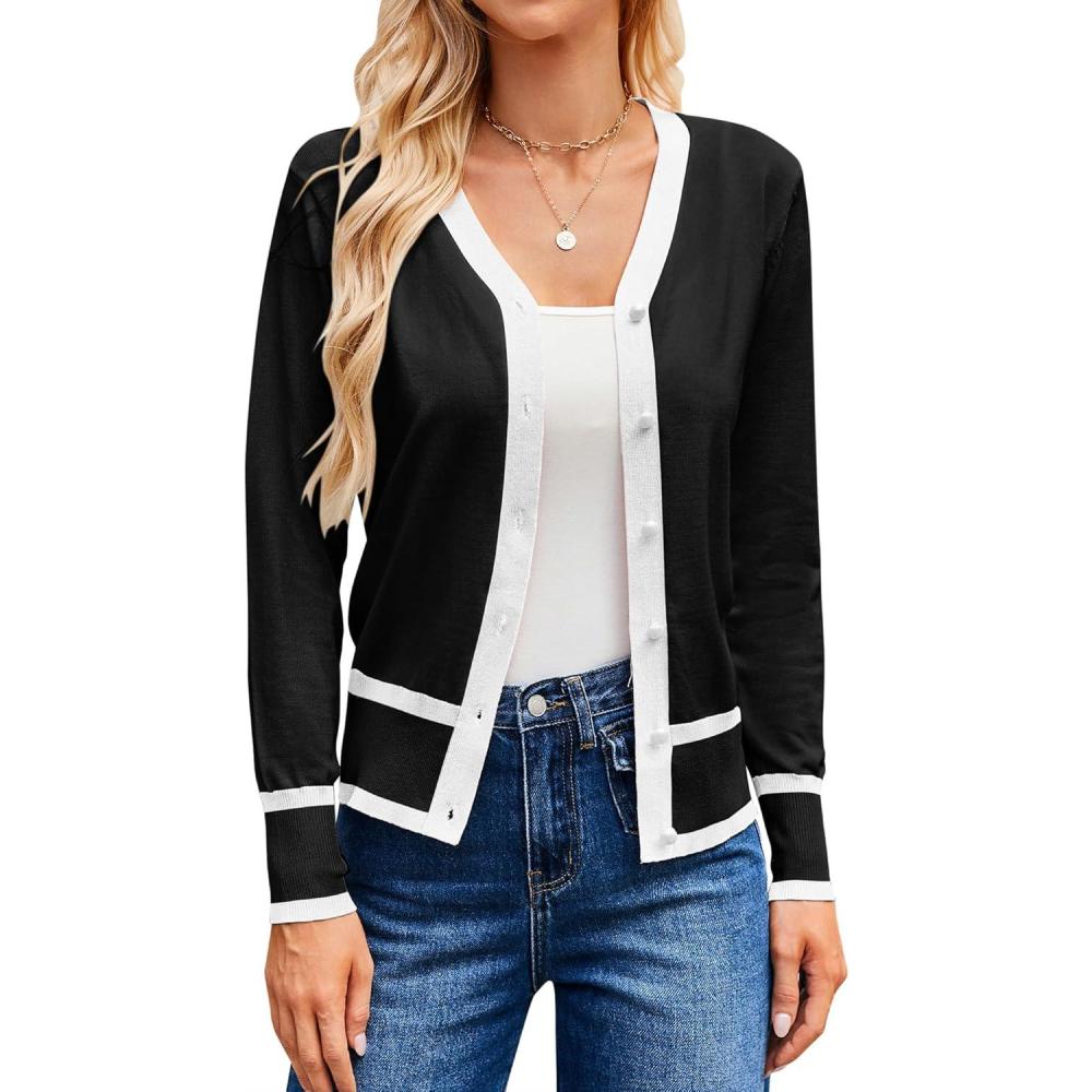 imageGRACE KARIN Womens Cardigan Sweaters Lightweight Long Sleeve Cropped Cardigan VNeck Striped Shrugs Fall ClothesBlack White