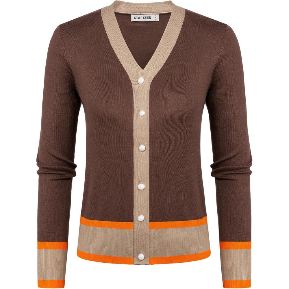 imageGRACE KARIN Womens Cardigan Sweaters Lightweight Long Sleeve Cropped Cardigan VNeck Striped Shrugs Fall ClothesContrast Brown