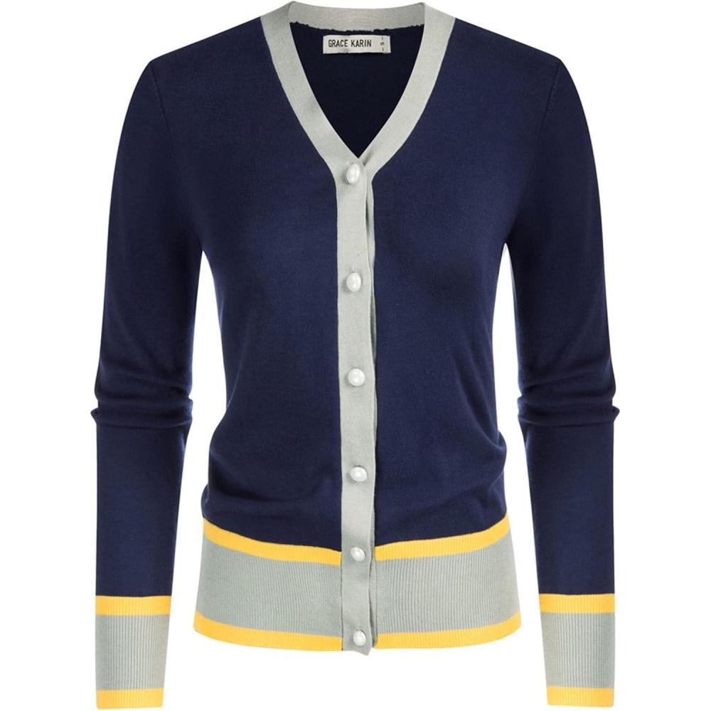 imageGRACE KARIN Womens Cardigan Sweaters Lightweight Long Sleeve Cropped Cardigan VNeck Striped Shrugs Fall ClothesContrast Dark Blue