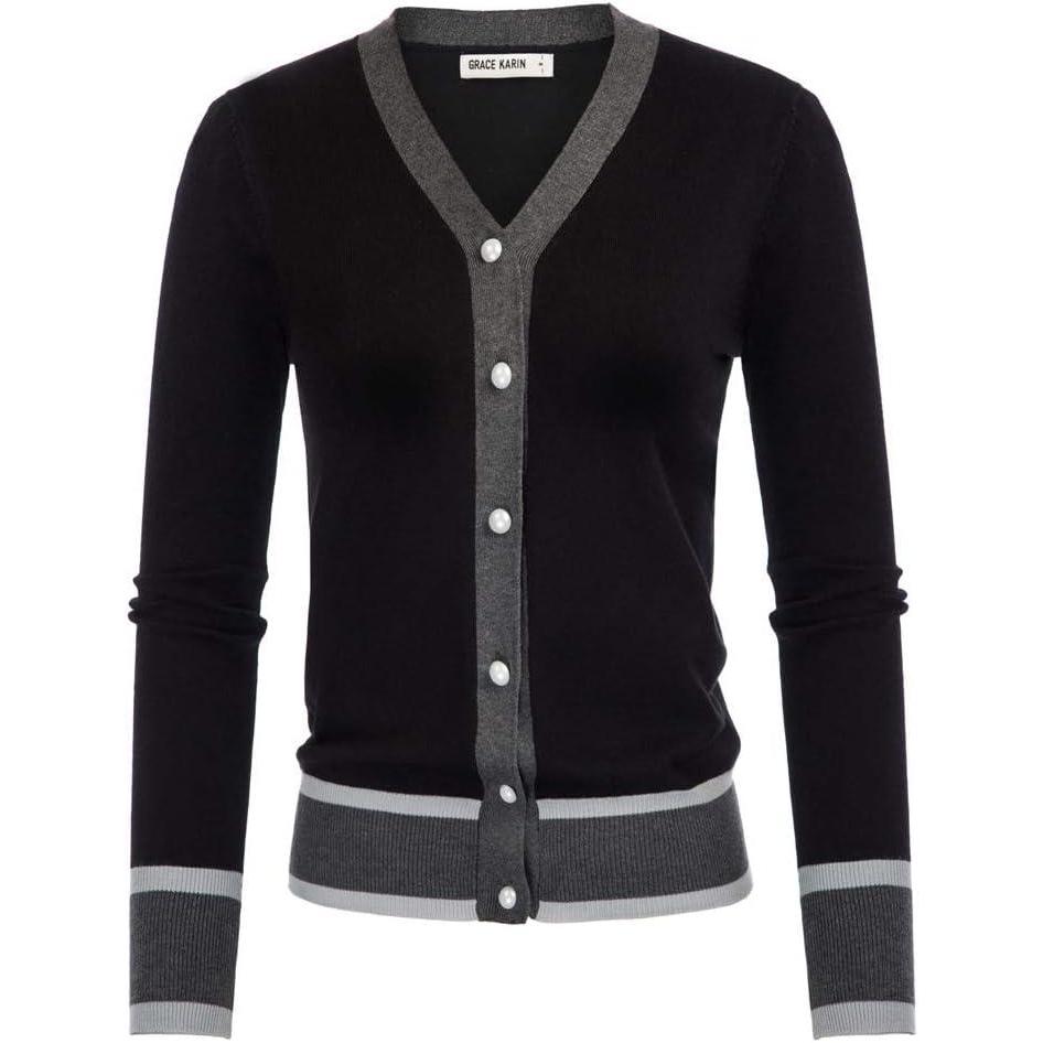 imageGRACE KARIN Womens Cardigan Sweaters Lightweight Long Sleeve Cropped Cardigan VNeck Striped Shrugs Fall ClothesContrastblack