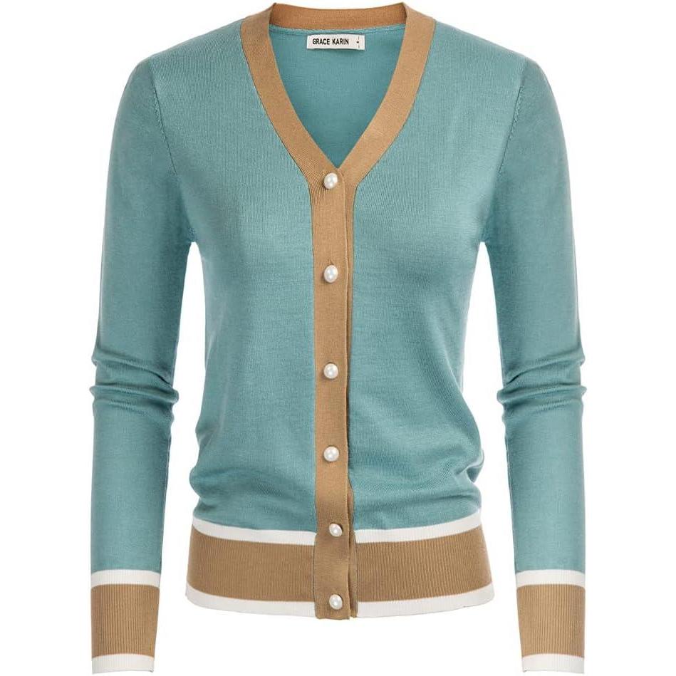 imageGRACE KARIN Womens Cardigan Sweaters Lightweight Long Sleeve Cropped Cardigan VNeck Striped Shrugs Fall ClothesContrastblue
