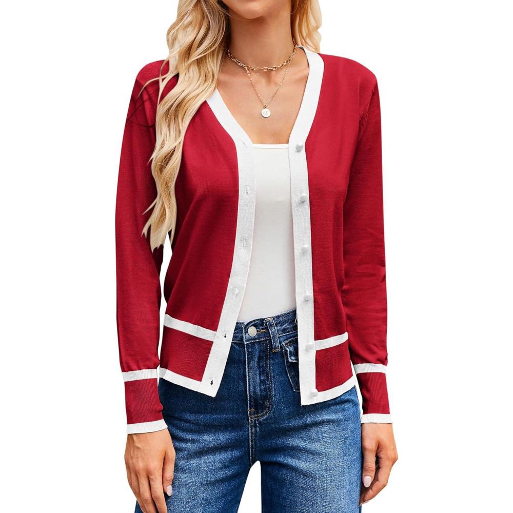 imageGRACE KARIN Womens Cardigan Sweaters Lightweight Long Sleeve Cropped Cardigan VNeck Striped Shrugs Fall ClothesRed White