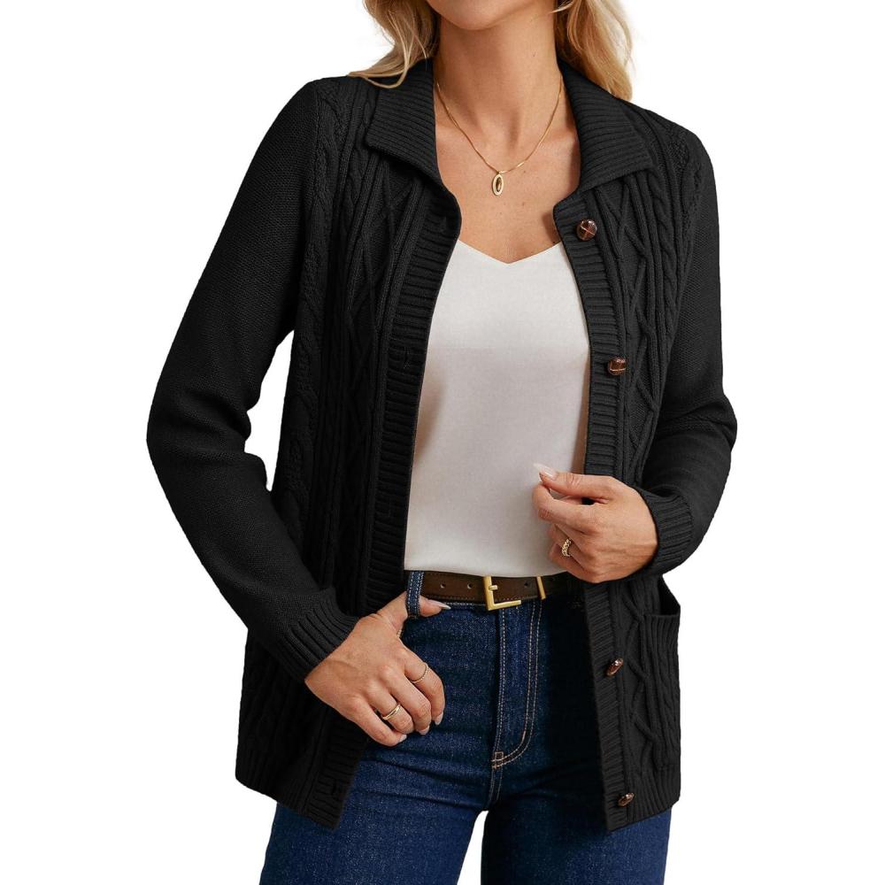 imageGRACE KARIN Womens Long Sleeve Cable Knit Cardigan Sweater Button Up Warm Chunky Cardigan Fall Winter Fashion ClothesBlack