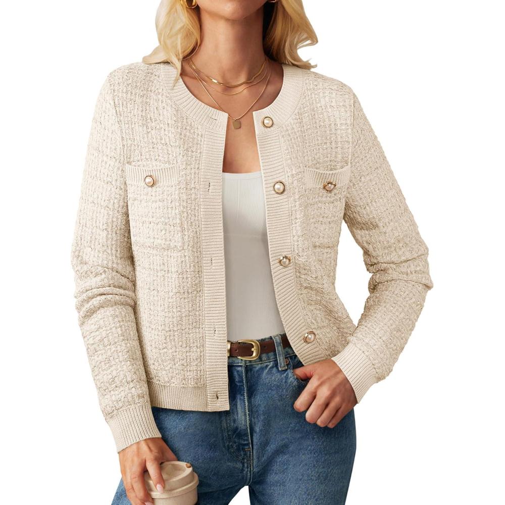 imageGRACE KARIN Womens Open Front Button Down Long Sleeve Texture Knit Cardigan Sweaters with PocketsBeige