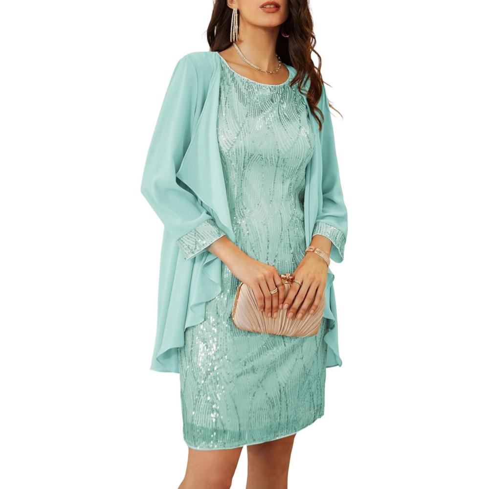 imageGRACE KARIN Womens Sequin Dress  Wedding Guest ampamp Mother of The Bride Formal Dress  Two Piece Knee LengthAqua Green