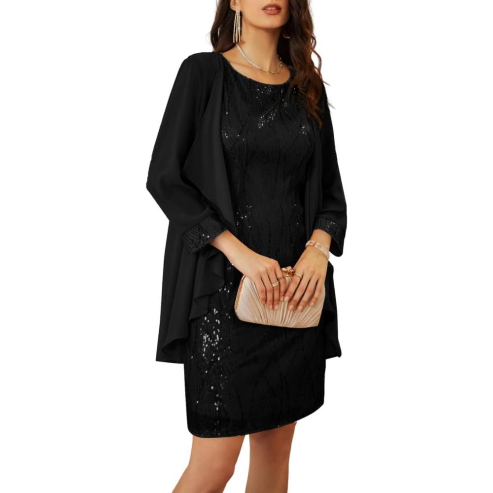 imageGRACE KARIN Womens Sequin Dress  Wedding Guest ampamp Mother of The Bride Formal Dress  Two Piece Knee LengthBlack