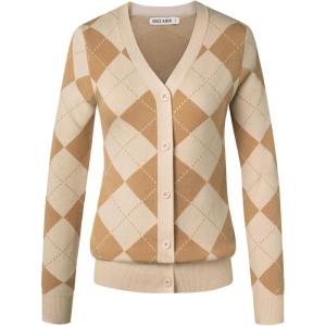 imageGRACE KARIN Womens Cardigan Sweater Fall Long Sleeve Argyle Sweater V Neck Button Up Cardigan Color Block Preppy ClothesApricot Ivory