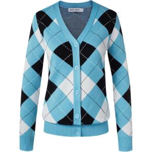 imageGRACE KARIN Womens Cardigan Sweater Fall Long Sleeve Argyle Sweater V Neck Button Up Cardigan Color Block Preppy ClothesBlue White
