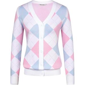 imageGRACE KARIN Womens Cardigan Sweater Fall Long Sleeve Argyle Sweater V Neck Button Up Cardigan Color Block Preppy ClothesLight Blue Pink