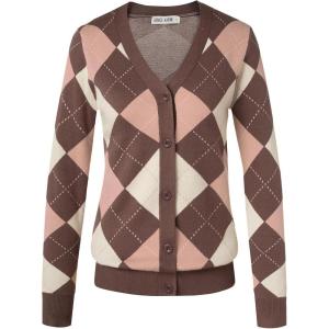 imageGRACE KARIN Womens Cardigan Sweater Fall Long Sleeve Argyle Sweater V Neck Button Up Cardigan Color Block Preppy ClothesPink Coffee