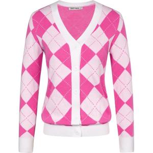 imageGRACE KARIN Womens Cardigan Sweater Fall Long Sleeve Argyle Sweater V Neck Button Up Cardigan Color Block Preppy ClothesPink White