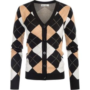 imageGRACE KARIN Womens Cardigan Sweater Fall Long Sleeve Argyle Sweater V Neck Button Up Cardigan Color Block Preppy ClothesPlaid Camel White