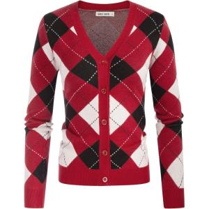 imageGRACE KARIN Womens Cardigan Sweater Fall Long Sleeve Argyle Sweater V Neck Button Up Cardigan Color Block Preppy ClothesPlaid Deep Red