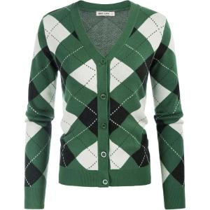 imageGRACE KARIN Womens Cardigan Sweater Fall Long Sleeve Argyle Sweater V Neck Button Up Cardigan Color Block Preppy ClothesPlaid Green White
