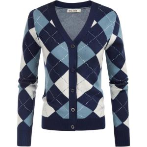 imageGRACE KARIN Womens Cardigan Sweater Fall Long Sleeve Argyle Sweater V Neck Button Up Cardigan Color Block Preppy ClothesPlaid Light Blue