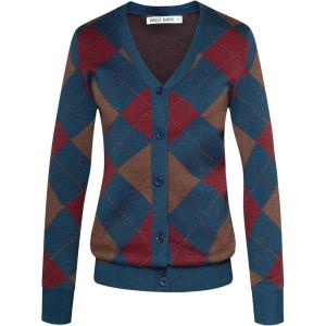 imageGRACE KARIN Womens Cardigan Sweater Fall Long Sleeve Argyle Sweater V Neck Button Up Cardigan Color Block Preppy ClothesRed Blue Coffee