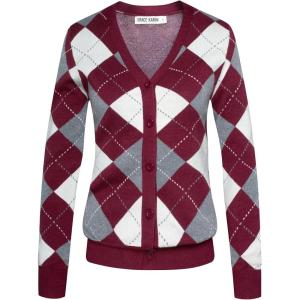 imageGRACE KARIN Womens Cardigan Sweater Fall Long Sleeve Argyle Sweater V Neck Button Up Cardigan Color Block Preppy ClothesWine