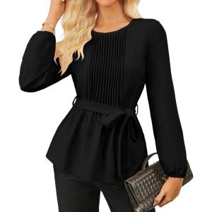 imageGRACE KARIN Womens Dressy Tops Fall Long Sleeve Blouses Elegant Pleated Business Work Shirts Trendy Outfit 2025Black