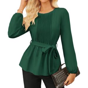 imageGRACE KARIN Womens Dressy Tops Fall Long Sleeve Blouses Elegant Pleated Business Work Shirts Trendy Outfit 2025Dark Green