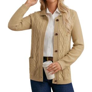 imageGRACE KARIN Womens Long Sleeve Cable Knit Cardigan Sweater Button Up Warm Chunky Cardigan Fall Winter Fashion ClothesKhaki