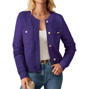 imageGRACE KARIN Womens Open Front Button Down Long Sleeve Texture Knit Cardigan Sweaters with PocketsDark Purple