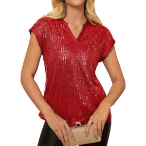 imageGRACE KARIN Womens Sequin Sparkly Tops Cap Sleeve Dressy Blouses Glitter Party Tops V Neck Disco Shirts Club Concert OutfitsRed