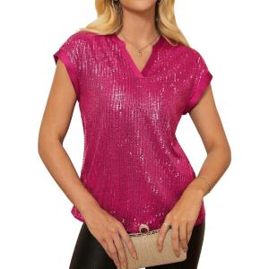 imageGRACE KARIN Womens Sequin Sparkly Tops Cap Sleeve Dressy Blouses Glitter Party Tops V Neck Disco Shirts Club Concert OutfitsRose Red