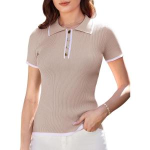 imageGRACE KARIN Womens Short Sleeve Sweater Summer Knit Polo Shirts Ribbed Knitted Work Polo Shirt KhakiM