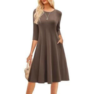 imageGRACE KARIN Fall Dresses for Women 2025 Casual 34 Sleeve Dress A Line Fit and Flare Midi Dress with PocketsBrown