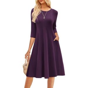 imageGRACE KARIN Fall Dresses for Women 2025 Casual 34 Sleeve Dress A Line Fit and Flare Midi Dress with PocketsDark Purple