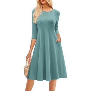 imageGRACE KARIN Fall Dresses for Women 2025 Casual 34 Sleeve Dress A Line Fit and Flare Midi Dress with PocketsLake Blue