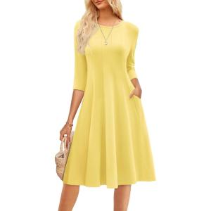 imageGRACE KARIN Fall Dresses for Women 2025 Casual 34 Sleeve Dress A Line Fit and Flare Midi Dress with PocketsLight Yellow