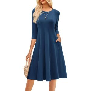 imageGRACE KARIN Fall Dresses for Women 2025 Casual 34 Sleeve Dress A Line Fit and Flare Midi Dress with PocketsNavy Blue