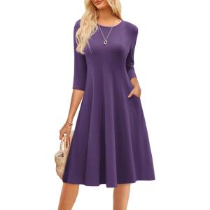 imageGRACE KARIN Fall Dresses for Women 2025 Casual 34 Sleeve Dress A Line Fit and Flare Midi Dress with PocketsPurple