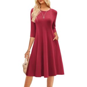 imageGRACE KARIN Fall Dresses for Women 2025 Casual 34 Sleeve Dress A Line Fit and Flare Midi Dress with PocketsWine Red