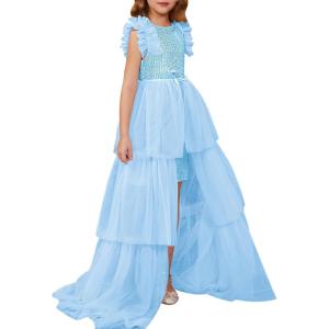 imageGRACE KARIN Girls Sequin Dress Formal Pageant Sparkle Party Ruffle Prom Maxi Dress Size 514YLight Blue