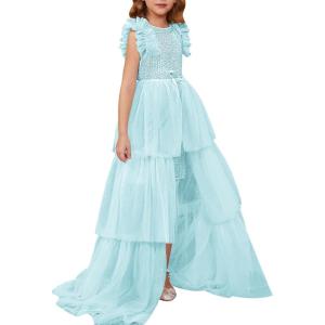 imageGRACE KARIN Girls Sequin Dress Formal Pageant Sparkle Party Ruffle Prom Maxi Dress Size 514YLight Green