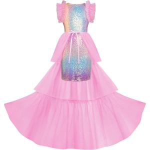 imageGRACE KARIN Girls Sequin Dress Formal Pageant Sparkle Party Ruffle Prom Maxi Dress Size 514YRainbow Multicolor