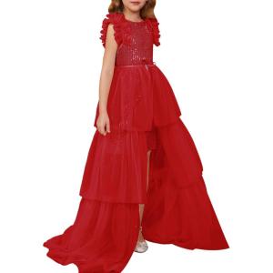 imageGRACE KARIN Girls Sequin Dress Formal Pageant Sparkle Party Ruffle Prom Maxi Dress Size 514YRed