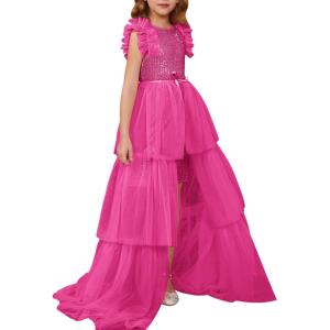 imageGRACE KARIN Girls Sequin Dress Formal Pageant Sparkle Party Ruffle Prom Maxi Dress Size 514YRose Red