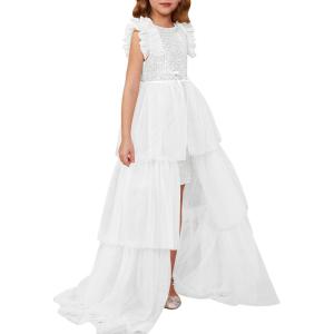 imageGRACE KARIN Girls Sequin Dress Formal Pageant Sparkle Party Ruffle Prom Maxi Dress Size 514YSilver