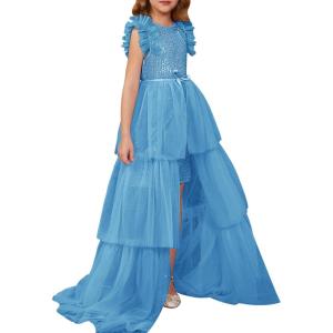 imageGRACE KARIN Girls Sequin Dress Formal Pageant Sparkle Party Ruffle Prom Maxi Dress Size 514YSky Blue
