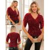 imageGRACE KARIN Womens 34 Length Sleeve Sequin Tops V Neck Velvet Ruched Blouses 2025 Glitter Trendy Party OutfitRed