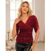 imageGRACE KARIN Womens 34 Length Sleeve Sequin Tops V Neck Velvet Ruched Blouses 2025 Glitter Trendy Party OutfitRed