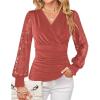 imageGRACE KARIN 2025 Womens Tops Wrap V Neck Shirt Lace Long Sleeve Blouses Dressy Casual Ruched Top Fall Fashion OutfitsCaramel Red