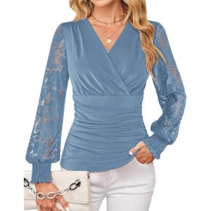 imageGRACE KARIN 2025 Womens Tops Wrap V Neck Shirt Lace Long Sleeve Blouses Dressy Casual Ruched Top Fall Fashion OutfitsHaze Blue