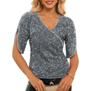 imageGRACE KARIN Womens 34 Length Sleeve Sequin Tops V Neck Velvet Ruched Blouses 2025 Glitter Trendy Party OutfitLight Gray