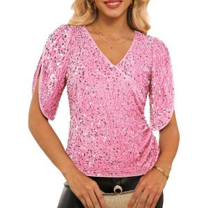 imageGRACE KARIN Womens 34 Length Sleeve Sequin Tops V Neck Velvet Ruched Blouses 2025 Glitter Trendy Party OutfitPink